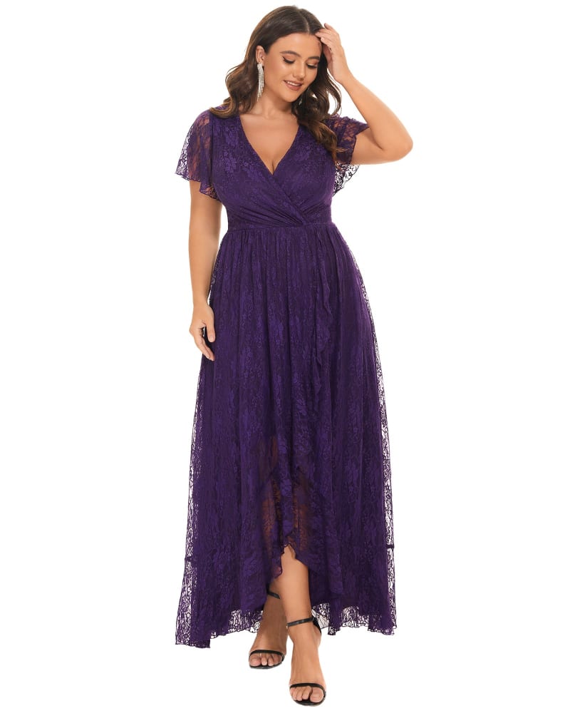 Front of a model wearing a size 12 Short Sleeve Ruffled V-Neck A-Line Lace Evening Dress in Dark Purple by Ever-Pretty. | dia_product_style_image_id:284624
